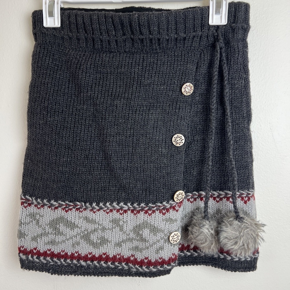 Laundromat Wool Knit Fair‎ Isle Mini Skirt Gray Pom Pom Nepal Handcrafted Small
